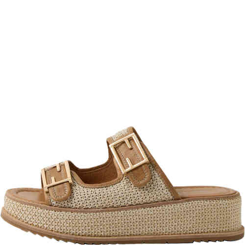 A flatform slide with a two strap with sides in style, back out. The upper is made from soft raffia like textile with the underfoot and the trim around all edges in light tan leather. The two feature gold buckets are affixed with velcro. ShoeBeDoo is an authorised stockist of Django & Juliette in Australia and New Zealand