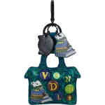 A key charm in the shape of a little house that is a rich teal blues and greens, and features a n appliquéd stack of books with typeset letters as buttons spelling Vendula. Vegan and cruelty free. ShoeBeDoo is an official stockist of Vendula London bags and wallets in Australia and New zealand