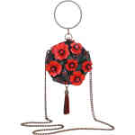 A circular hardcore bag adorned in floral embroidered black fabric and then addiwth with 3D embroidered butterflies and 3 D red poppy flowers. ShoeBeDoo is an authorised retailer of Vendula London bags and wallets in Australia and New Zealand