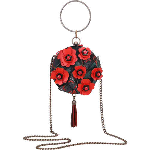 A circular hardcore bag adorned in floral embroidered black fabric and then addiwth with 3D embroidered butterflies and 3 D red poppy flowers. ShoeBeDoo is an authorised retailer of Vendula London bags and wallets in Australia and New Zealand