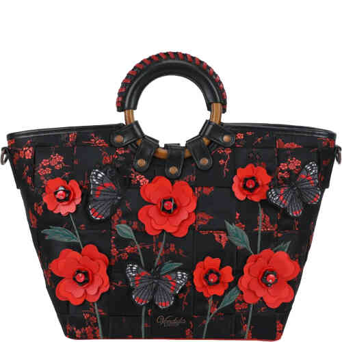 A stunning large tote bag with a slight angular shape, wooden handles and a stunning red and black finish with Emperor butterflies and 3D vegan leather poppies. Vegan bag/accessory designed by Vendula London, available online and instore at ShoeBeDoo, official stockist in Australia