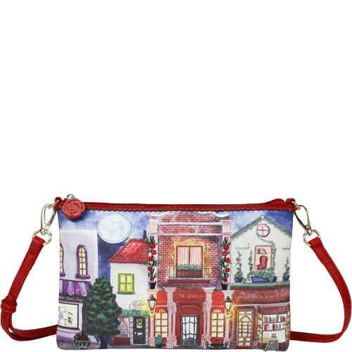 A medium sized top zip crossbody that features a traditional English street scene with The George red brick pub, a book shop and other stores in a melange of red, green and navy blue showing shops and street details. ShoeBeDoo is an official stockist of Vendula London bags and wallets in Australia and New zealand