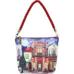 A bucket style bag very room with a top zip closure, multiple compartments and zip pockets and an adjustable and removable crossbody strap. The front is a scene for an old English Pub called The George with other traditional buildings next door. ShoeBeDoo is an authorised retailer of Vendula London Bags and Wallets in Australia and New Zealand.