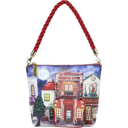 A bucket style bag very room with a top zip closure, multiple compartments and zip pockets and an adjustable and removable crossbody strap. The front is a scene for an old English Pub called The George with other traditional buildings next door. ShoeBeDoo is an authorised retailer of Vendula London Bags and Wallets in Australia and New Zealand.