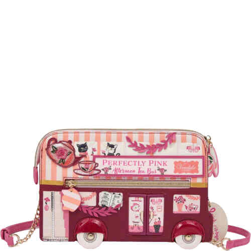 A medium sized top zip crossbody in the shape of an ink and peach striped London Bus, with afternoon tea on display for the kitty cats. ShoeBeDoo is an official stockist of Vendula London bags and wallets in Australia and New zealand