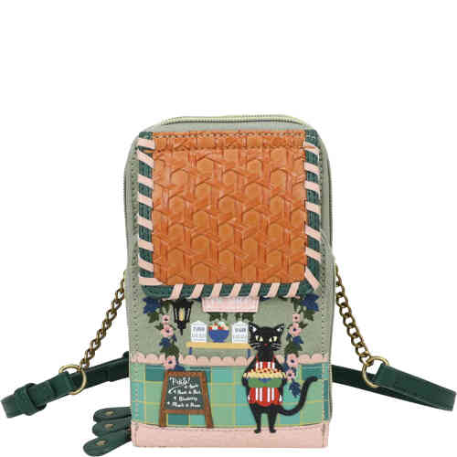 The Callaway crossbody bag is a three zip up compartment, hold all bag that is destined to be your favourite travel accessory. The front is a stage green with ushers pink accented pie shop featuring a thatched roof, a black cat baker, and details of the delicious treats inside. egan bag/accessory designed by Vendula London, available online and instore at ShoeBeDoo, official stockist in Australia