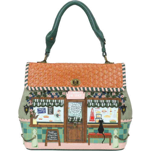 A divine Vegan Pie Shop front is the shape of this large bag with a single top handle plus detachable crossbody strap, features a thatched style folder roof, with bakery windows displaying black cat sitting at an open window gazing at 3D pies and sweets. Vegan and cruelty free. ShoeBeDoo is an official stockist of Vendula London bags and wallets in Australia and New zealand