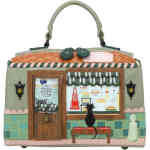 A divine Vegan Pie Shop front is the shape of this mini yet very roomy bag with a single top handle plus detachable crossbody strap, features a thatched style folder roof, with bakery windows displaying black cat sitting at an open window gazing at 3D pies and sweets. Vegan and cruelty free. ShoeBeDoo is an official stockist of Vendula London bags and wallets in Australia and New zealand
