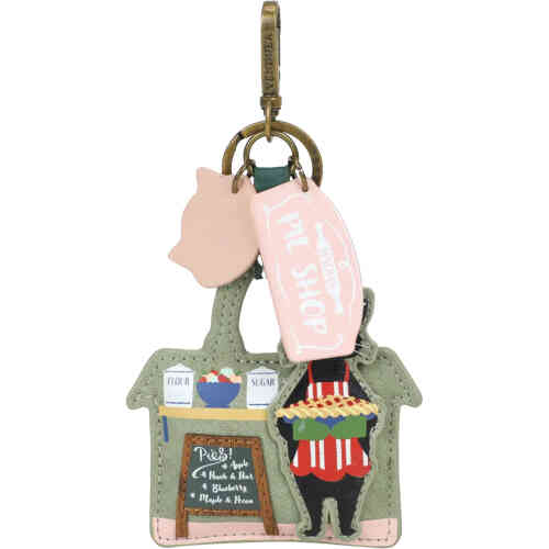 A key charm in the shape of a little house that is a pie shop front with an appliquéd black cat in baker's apron, and a a fabulous board of the treats on offer. Vegan and cruelty free. ShoeBeDoo is an official stockist of Vendula London bags and wallets in Australia and New zealand