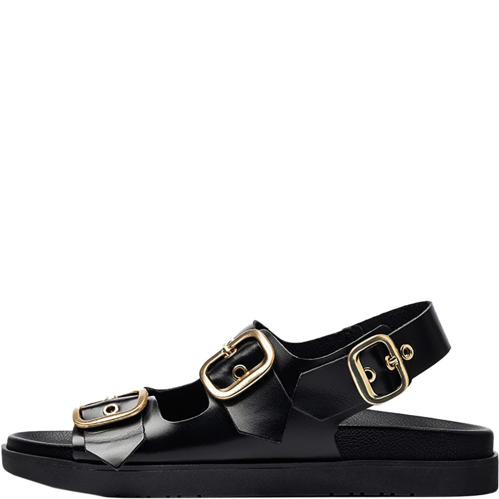 Yokono-Morena-253-Black-Leather-Sandals-Buy-Yokono-Sandals-at-ShoeBeDoo-4 A flatform sandal with two wide straps over the toes and the arch, and a behind ankle strap. All straps bevel statement brushed gold buckles of high quality and the footbed is an anatomically sculpted footbed with arch and forefoot and heel support. ShoeBeDoo is an authorised retailer of Yokono shoes and Sandals made in Spain, in Australia and New Zealand