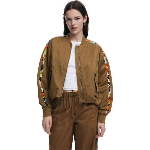 A bomber stle jacket in a lovely khaki with full length sleeves, zippered up, and with front pockets and signature lacroix print stripe of patten in red and green and blue on the sides. ShoeBeDoo is an authorised retailer of Desigual in australia and new zealand