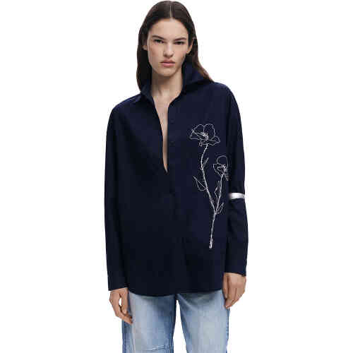 A long sleeved long length oversized cotton shirt in a rich blue navy =, with artful floral embroidered in white over the left chest. ShoeBeDoo is an authorised retailer of Desigual in Australia and New Zealand/