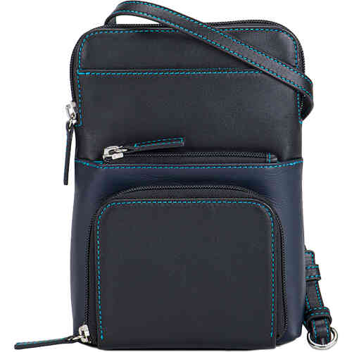 A compact, well organised crossbody bag that has three tiered zip pockets in classic black with sky-blue contrast fine stitching, that feature roomy compartments, credit card slots, and credit card slots. Totally all you need to fit every essential including your large smartphone and your sunglasses even. Designed in Italy by mywalit, available instore and online at ShoeBeDoo in Australia who is an Official Stockist