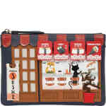 A mobile phone sized coin purse designed to look like a sushi bar, with a fox master serving sushi, and a black cat at the sushi bar eating. The front is canopied in navy blue and red, and there is a sushi sign and bamboo plant embroidery. ShoeBeDoo is an authorised retailer of Vendula London in Australia and New Zealand