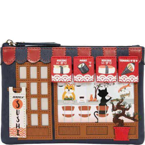A mobile phone sized coin purse designed to look like a sushi bar, with a fox master serving sushi, and a black cat at the sushi bar eating. The front is canopied in navy blue and red, and there is a sushi sign and bamboo plant embroidery. ShoeBeDoo is an authorised retailer of Vendula London in Australia and New Zealand