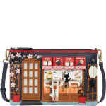 An east west medium sized crossbody bag that reveals the shopfront of a Sushi bar! The front is a mixture of navy and red with light pink 3D appliquéd pink jasmine flowers, plus the bamboo frame of the bar. ShoeBeDoo is an authorised retailer of Vendula London in Australia and New Zealand/