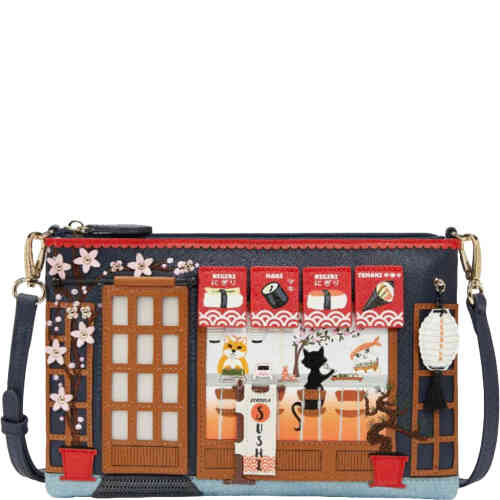 An east west medium sized crossbody bag that reveals the shopfront of a Sushi bar! The front is a mixture of navy and red with light pink 3D appliquéd pink jasmine flowers, plus the bamboo frame of the bar. ShoeBeDoo is an authorised retailer of Vendula London in Australia and New Zealand/