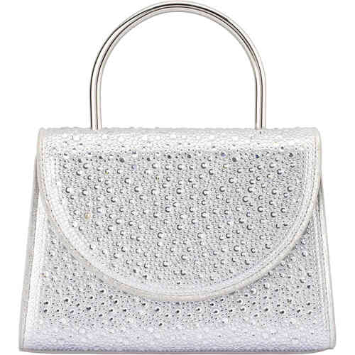 A small stand up bag shaped in a very loose triangular rectangle, with a hard arched silver handle, and a folder design. This is embellished with to fix silver crystals all over the front and the bac.=k. Buy Olga Berg Clutches instore and online at ShoeBeDoo in Australia and New Zealand. Official Stockist of Olga Berg