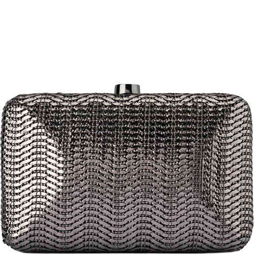 This is a hard pod case covered in woven wave like vegan leather with a subtle metallic sheen in a gorgeous gunmetal. Buy Olga Berg Clutches instore and online at ShoeBeDoo in Australia and New Zealand. Official Stockist of Olga Berg.
