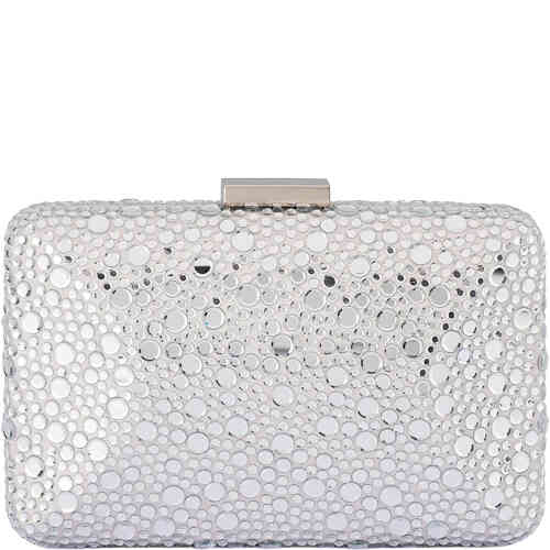 A stunning glittering hard case pod pouch in a rectangular shape, faceted on both sides, and affixed with circular glittering crystals on both sides.Buy Olga Berg Clutches instore and online at ShoeBeDoo in Australia and New Zealand. Official Stockist of Olga Berg