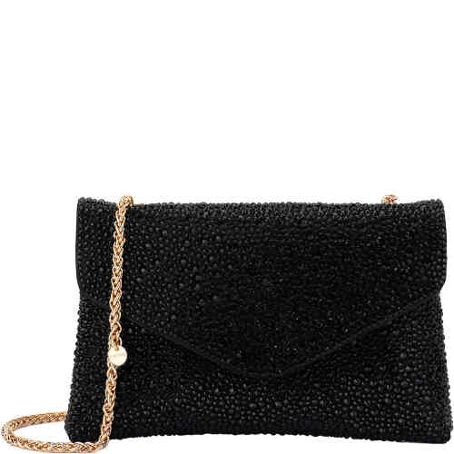 A rectangular shaped clutch in an envelope style encrusted with glittering black crystals with a folder magnetic locking front, and stunning gold cin. Buy Olga Berg Clutches instore and online at ShoeBeDoo in Australia and New Zealand. Official Stockist of Olga Berg