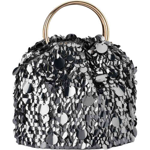 A pouch style bag with ring handles, and is covered in different sized and overlapping small and large round gunmetal sequins. Buy Olga Berg Clutches instore and online at ShoeBeDoo in Australia and New Zealand. Official Stockist of Olga Berg