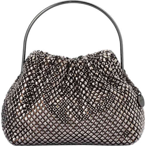 A slouch style pouch bag adorned in diamond shaped crystals over a bronze textile, with an arched gunmetal top handle. Buy Olga Berg Clutches instore and online at ShoeBeDoo in Australia and New Zealand. Official Stockist of Olga Berg