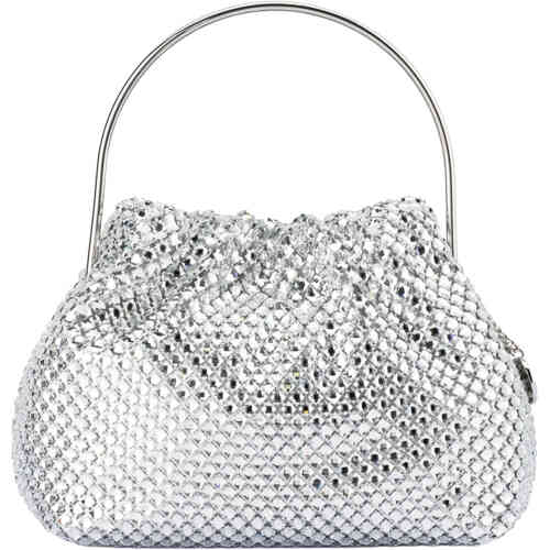 A slouch style pouch bag adorned in diamond shaped crystals over a silver textile, with an arched silver top handle. Buy Olga Berg Clutches instore and online at ShoeBeDoo in Australia and New Zealand. Official Stockist of Olga Berg