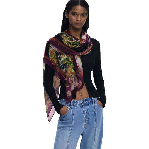 This stunning Desigual Scarf is a melange of flowers and a bird print in rich jewel tones on a black background. ShoeBeDoo is an authorised retailer of Desigual in Australia and New Zealand
