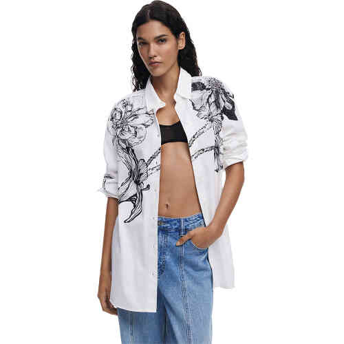 A stunning oversized and longer length white shirt with collar and cuffs, featuring illustrations of flowers on the front and back, which have been designed by Mr Christian Lacroix. ShoeBeDoo is an authorised stockist of Desigual in Australia and New Zealand