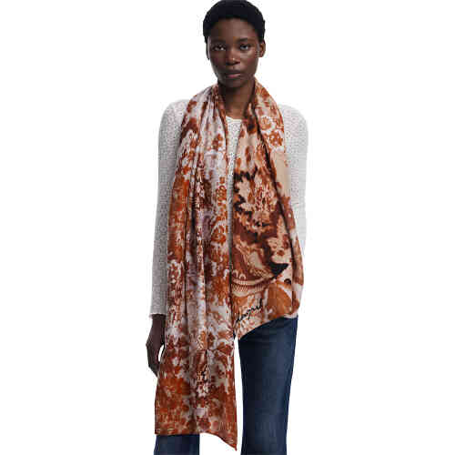 A long soft scarf from 100% viscose, made from a paisley print of rust through to burnt orange with swirls of dark cream. This is rectangular and long and able to be wrapped around you. ShoeBeDoo is an authorised stockist of Desigual in Australia and New Zealand.