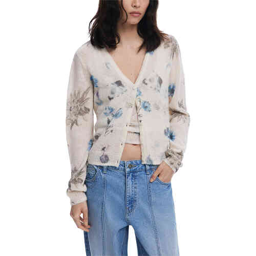 A twin set - a camisole and a v-neck long sleeve button up cardigan - that are the same long cropped length, made from a loose knit of cream alpaca/wool blend, and printed with soft teal blue and grey flowers gentle across the whole knit. ShoeBeDoo is an authorised stockist of Desigual in Australia and New Zealand
