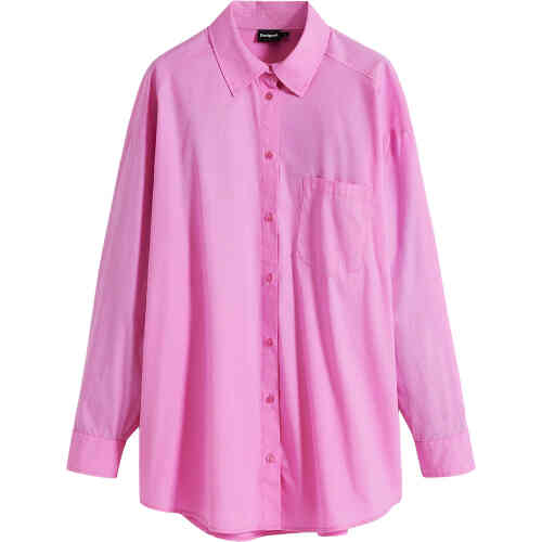 An oversized lolly pink shirt with long sleeves, a button collar, a front pocket over the left side. On the back is aw large comic book style graphic of four feminine silhouettes set into a square with Desigual graphic writing. ShoeBeDoo is an authorised stockist of Desigual in Australia and New Zealand.