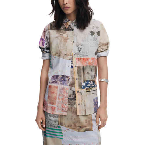 A light weight 100% cotton long sleeve shirt, covered in vintage postcards in a soft muted hue of cream, taupe with accents of navy blue and soft peach. This has long sleeves, button cuffs and a full button up front. ShoeBeDoo is an authorised retailer of Desigual in Australia and New Zealand.