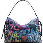 A mid sized barrel bag with whip stitch detailing, made out of a black washed den that has graffiti printed on it with worlds of life and life, cats and love hearts ... magic ! ShoeBeDoo is an authorised stockist of Desigual in Australia and in New Zealand