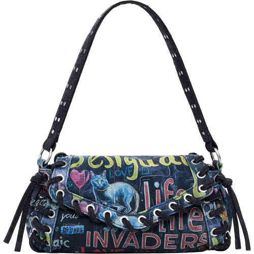 A mid sized barrel bag with whip stitch detailing, made out of a black washed den that has graffiti printed on it with worlds of life and life, cats and love hearts ... magic ! ShoeBeDoo is an authorised stockist of Desigual in Australia and in New Zealand