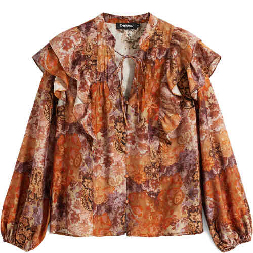 a pretty boho chic blouse with ruffles, long balloon style sleeves and printed all over in a burnt orange to cream paisley print. ShoeBeDoo is an official stockist of Desigual in Australia and New Zealand