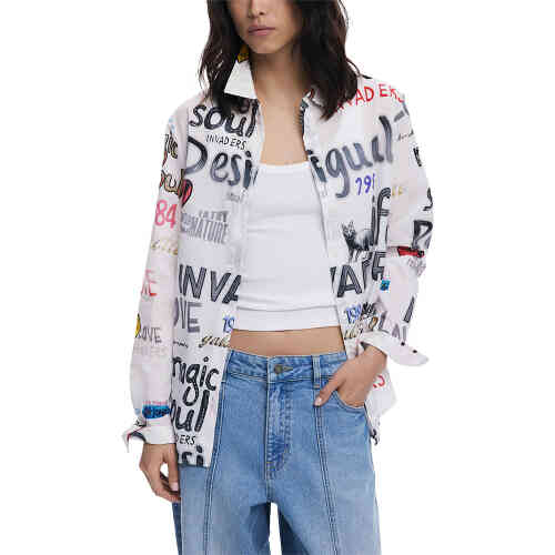 Desigual %%title%% is graffiti printed white long sleeve shirt with fabulous lettering and love hearts in vibrant colours on a white background. 100% cotton ShoeBeDoo is an authorised stockist of Desigual in Australia and New Zealand