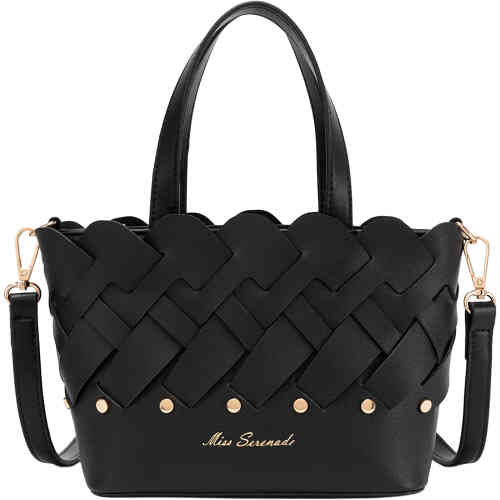 A mini bag that is roomy, with two top handles and a removable crossbody strap. There is a top zip,. The front and back panels are woven with gold stud detail at the bottom. ShoeBeDoo is an authorised retailer of Serenade and Miss Serenade bags and wallets instore and online.