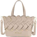 A mini bag that is roomy, with two top handles and a removable crossbody strap. There is a top zip,. The front and back panels are woven with gold stud detail at the bottom. ShoeBeDoo is an authorised retailer of Serenade and Miss Serenade bags and wallets instore and online.
