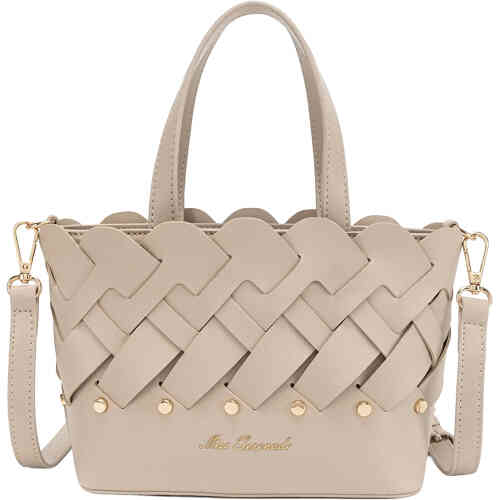 A mini bag that is roomy, with two top handles and a removable crossbody strap. There is a top zip,. The front and back panels are woven with gold stud detail at the bottom. ShoeBeDoo is an authorised retailer of Serenade and Miss Serenade bags and wallets instore and online.