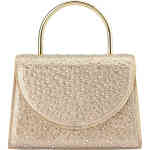 A small stand up bag shaped in a very loose triangular rectangle, with a hard arched gold handle, and a foldover design. This is embellished with to fix champagne gold crystals all over the front and the back. Buy Olga Berg Clutches instore and online at ShoeBeDoo in Australia and New Zealand. Official Stockist of Olga Berg