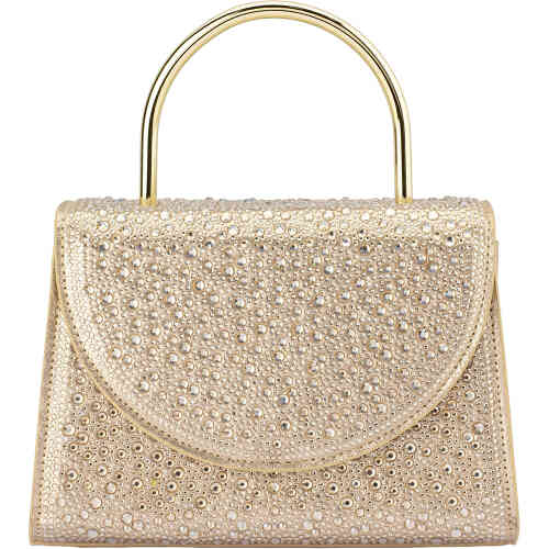 A small stand up bag shaped in a very loose triangular rectangle, with a hard arched gold handle, and a foldover design. This is embellished with to fix champagne gold crystals all over the front and the back. Buy Olga Berg Clutches instore and online at ShoeBeDoo in Australia and New Zealand. Official Stockist of Olga Berg