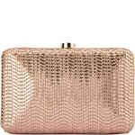 This is a hard pod case covered in woven wave like vegan leather with a subtle metallic sheen in a gorgeous rose gold. Buy Olga Berg Clutches instore and online at ShoeBeDoo in Australia and New Zealand. Official Stockist of Olga Berg.
