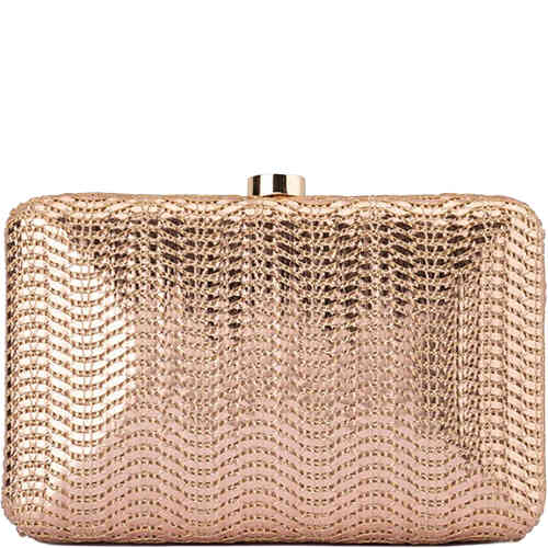 This is a hard pod case covered in woven wave like vegan leather with a subtle metallic sheen in a gorgeous rose gold. Buy Olga Berg Clutches instore and online at ShoeBeDoo in Australia and New Zealand. Official Stockist of Olga Berg.