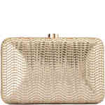 This is a hard pod case covered in woven wave like vegan leather with a subtle metallic sheen in a gorgeous gold. Buy Olga Berg Clutches instore and online at ShoeBeDoo in Australia and New Zealand. Official Stockist of Olga Berg.