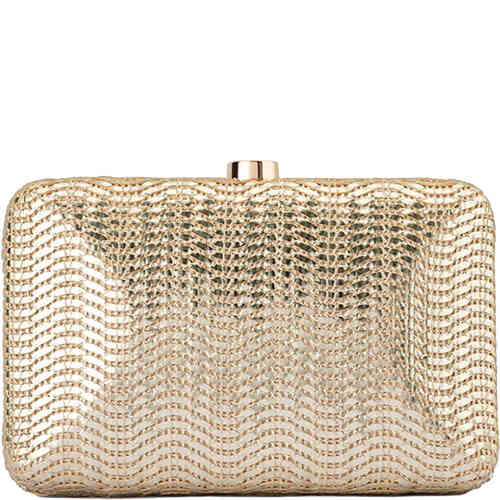 This is a hard pod case covered in woven wave like vegan leather with a subtle metallic sheen in a gorgeous gold. Buy Olga Berg Clutches instore and online at ShoeBeDoo in Australia and New Zealand. Official Stockist of Olga Berg.