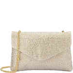 A rectangular shaped clutch in an envelope style encrusted with glittering champagne gold crystals with a folder magnetic locking front, and stunning gold chain. Buy Olga Berg Clutches instore and online at ShoeBeDoo in Australia and New Zealand. Official Stockist of Olga Berg