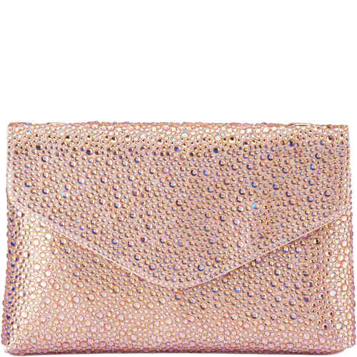 A rectangular shaped clutch in an envelope style encrusted with glittering rose gold crystals with a folder magnetic locking front, and stunning gold chain. Buy Olga Berg Clutches instore and online at ShoeBeDoo in Australia and New Zealand. Official Stockist of Olga Berg