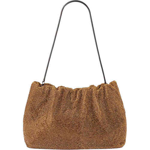 A slouch style pouch bag more east west, with a top gathered line and magnetic closure. It is adorned in tiny glittering bronze coloured crystals in a mesh fabrication. Buy Olga Berg Clutches instore and online at ShoeBeDoo in Australia and New Zealand. Official Stockist of Olga Berg